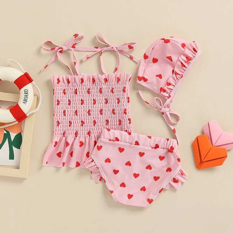 3Pcs Baby Girls Swimwear Bikini Set Heart Print Frilly Tank Tops+Shorts+Hat Swimsuit Bathing Suit for Toddlers Infants 0-24MXJ250214