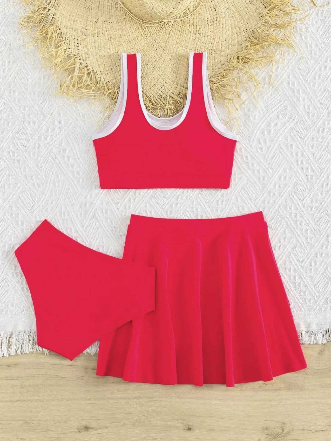 3 Pieces Bikinis With Skirt 2023 Girls Swimsuit Red Kids Swimwear Female Childrens Bathers Bathing Swimming Swim Suit BeachwearXJ250214
