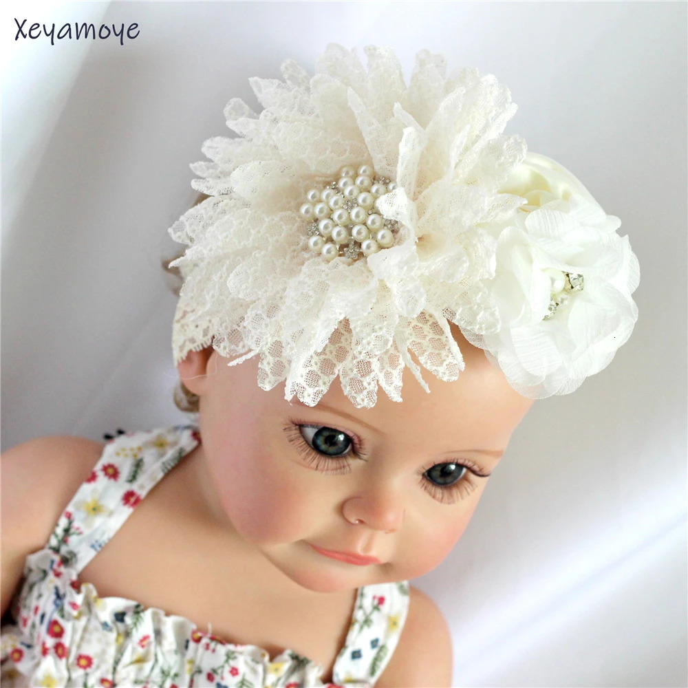 Baby Birthday Headband Po Props Headwear Chiffon Flower with Diamond Lace Wide Headband for Baby Girls Headwrap Infant Turban 250121