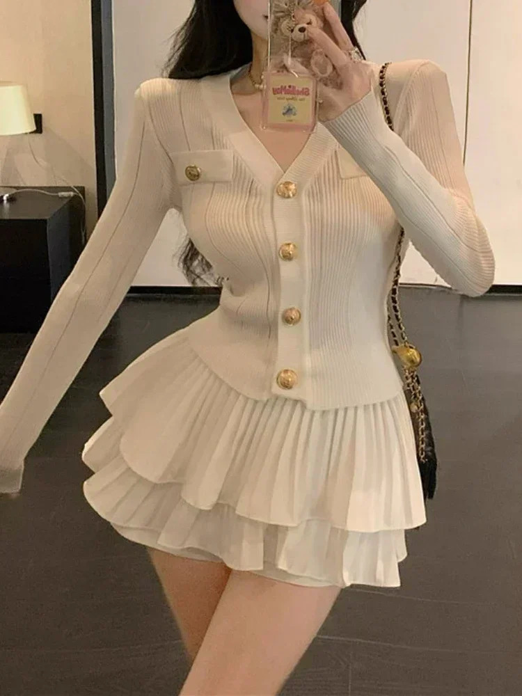Winter Elegant Knitted Two Piece Set Women V-neck Sweater TopsCake Skirt Female Casual Korean Fashion Slim Vintage Set 250210