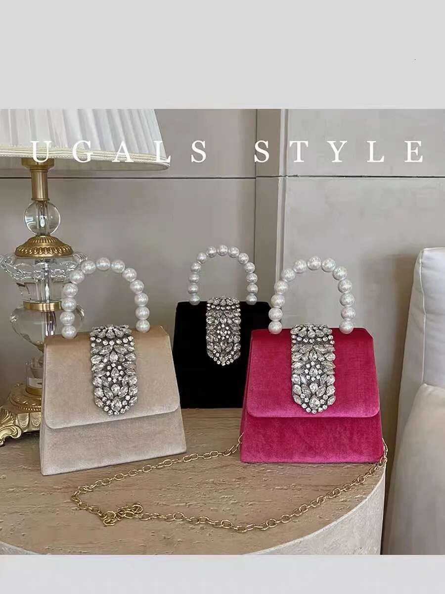 Veet Square Pearl Beaded Women's Handbag Crystal Shiny Dias Evening Wedding Party Clutch Purse Shoulder Bag