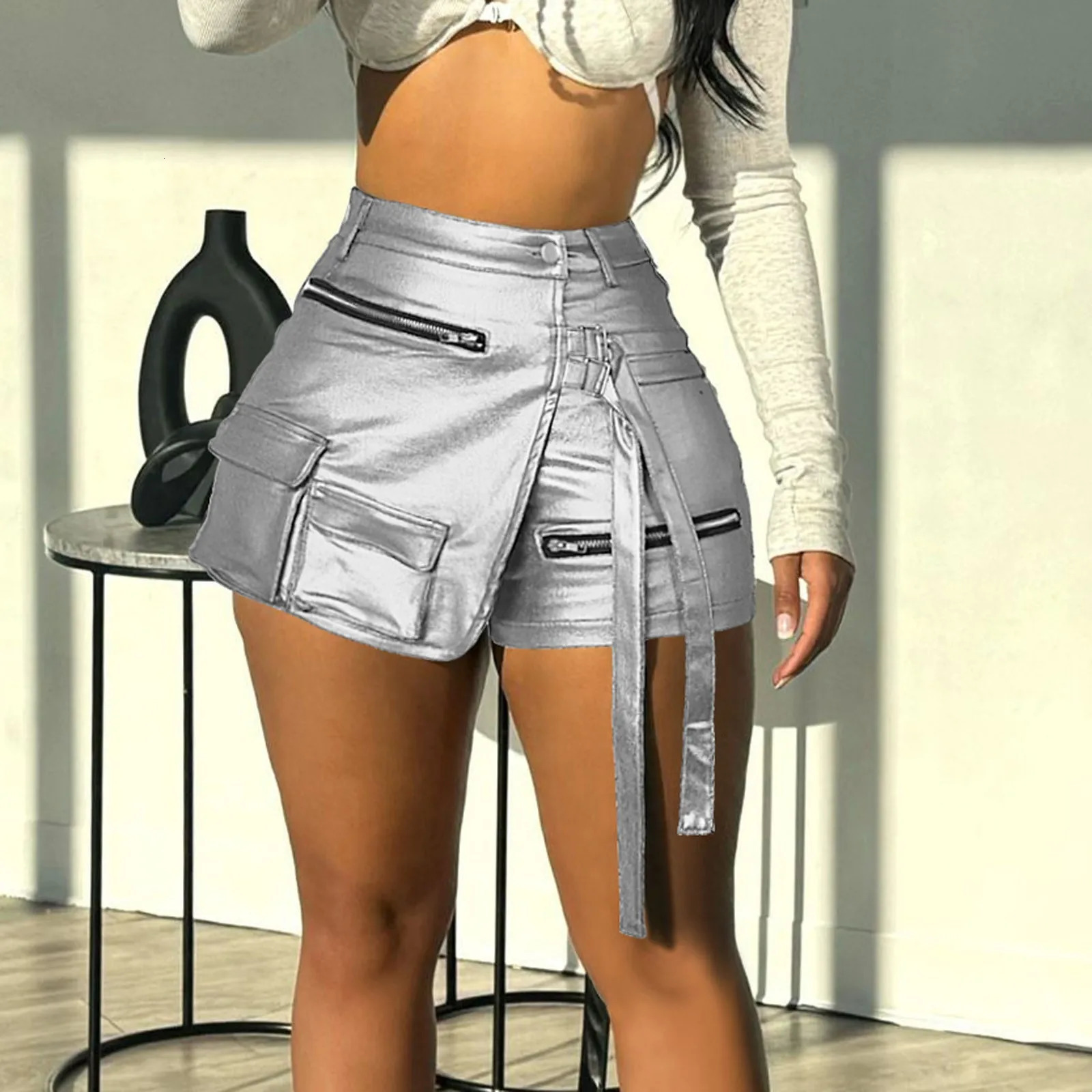 Womens shiny metal Pu leather boots shorts elastic waist solid color pants tight nightclub bar 250213