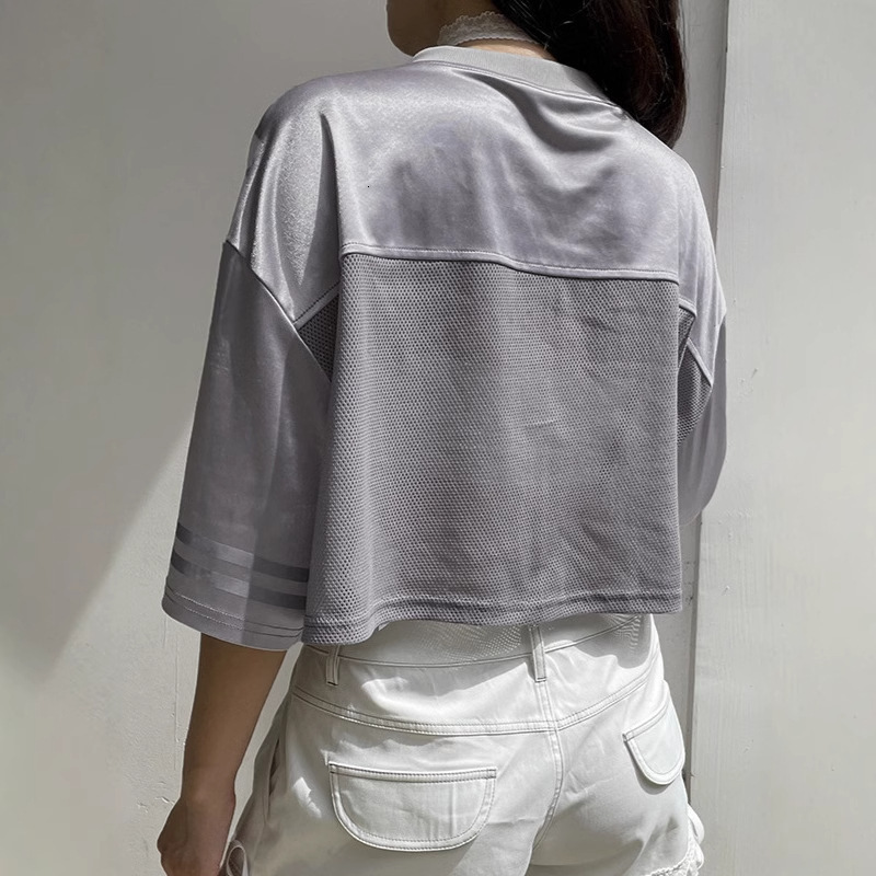 Designer Fashion Trend 2025 Best-selling Letter Printed Pullover With Mesh Patchwork Five Quarter Sleeve T-shirt V-neck Women's Sports Top