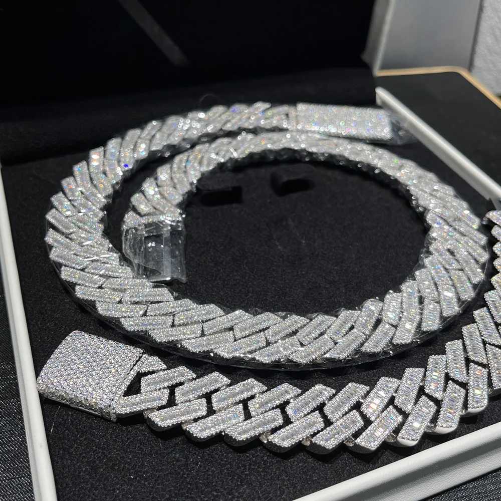 Hot Sale 15mm 20mm 925 Sterling Silver Hip Hop Ice Out Baguette VVS Moissanite Chain Cuban