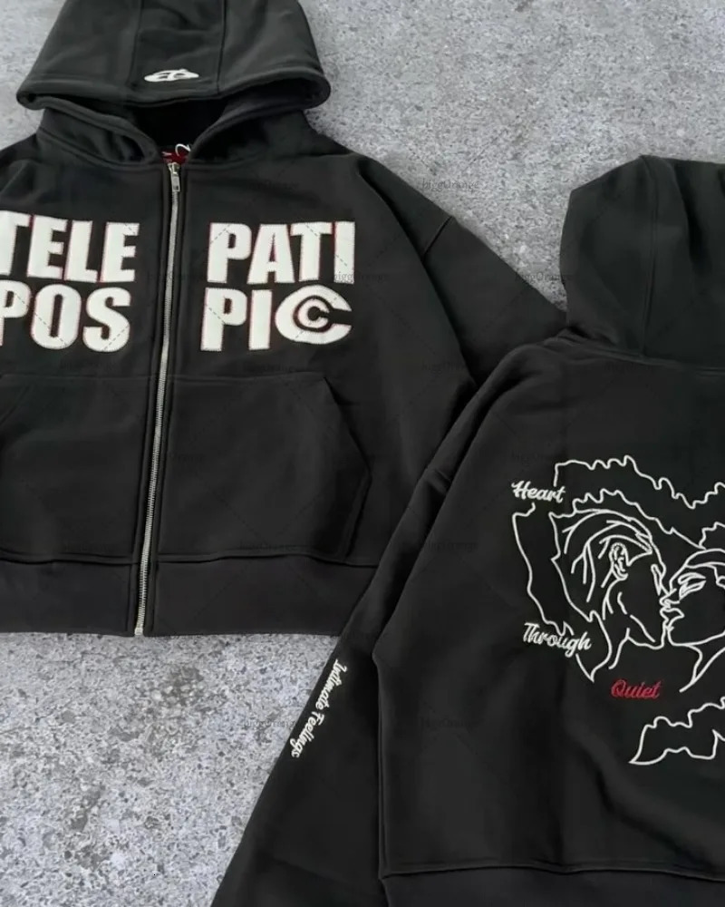 American Harajuku street clothing personalized letter pattern zipper hoodie men retro Y2K casual loose hoodie women 250210