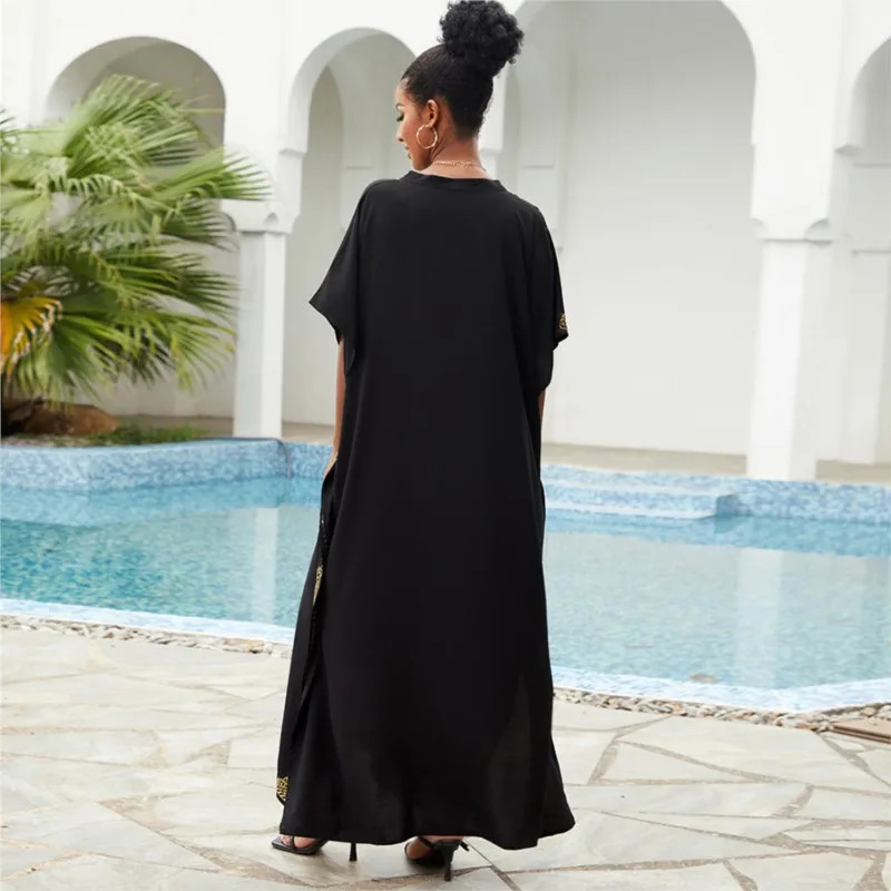 Womens Vintage Loose Dress Cotton Beach Cover-up Embroidered Robe Vacation Sun Protection Bikini Cover-up Sexy Dresses For Women 250213