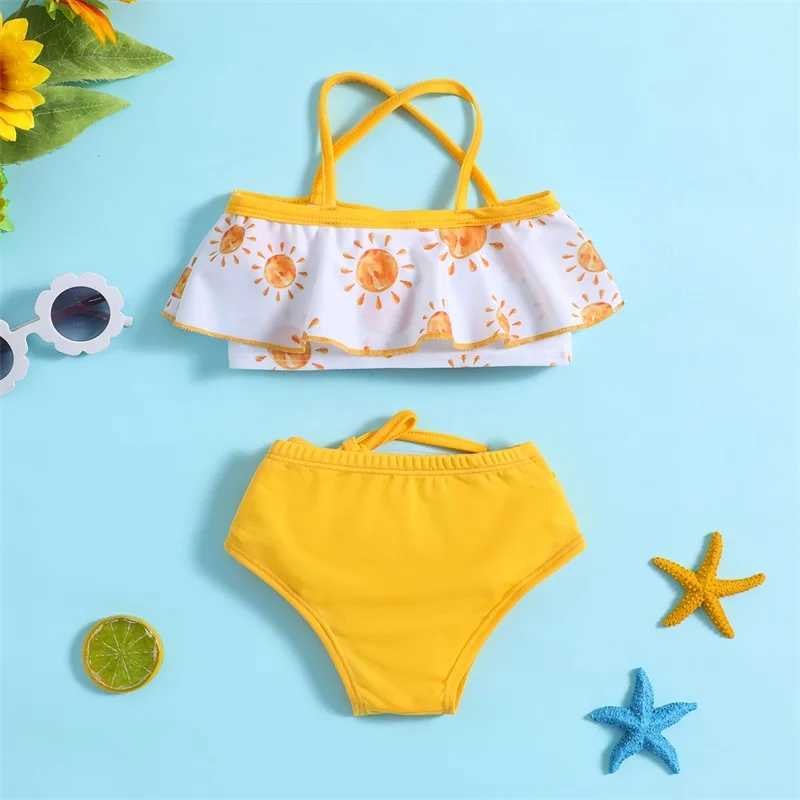 0-3T Baby Girls 2pcs Yellow Swimsuit Set Swimwear Summer Sun Print Camisole and Elastic Drstring Beach Shorts SwimwearXJ250214