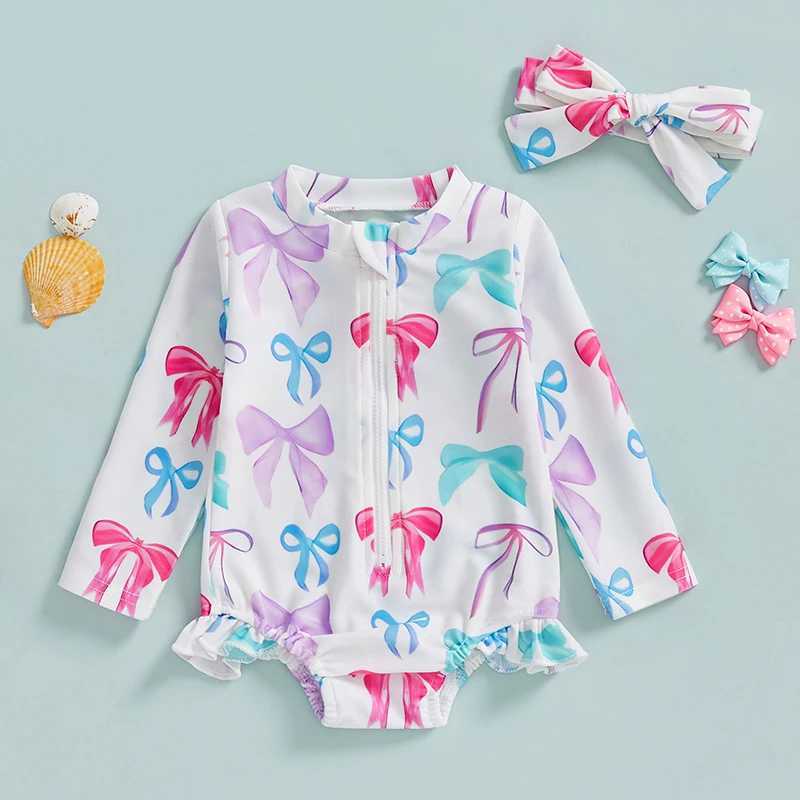 Toddler Kids Baby Girls Rash Guard Swimsuits Long Sleeve Bow/Fruit Print Bathing Suits Infant Zipper Swimwear with HeadbandXJ250214