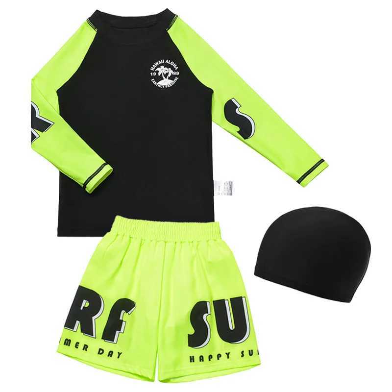3 Pcs New Boys Swimsuit Sun Protection UPF 50+ Long Sleeve Swimming Sunsuit Hat Split Children Fluorescent Bathing SuitsXJ250214