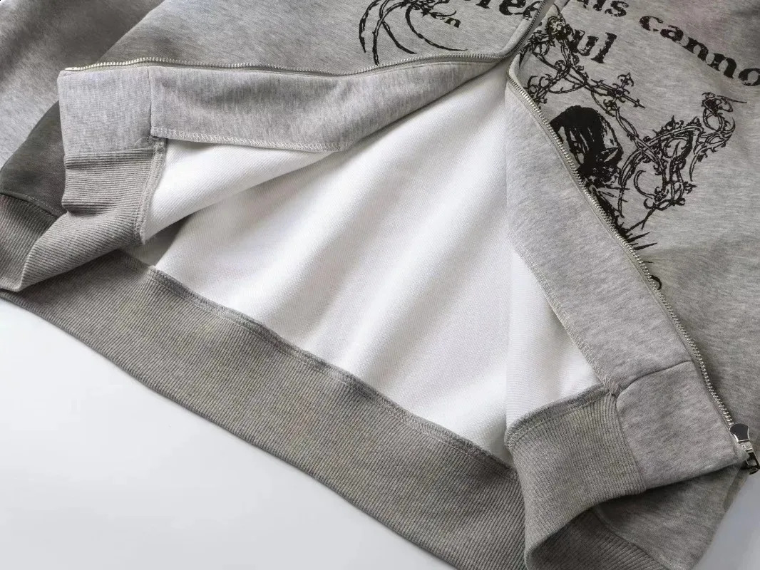 American Cartoon Print Zipper Hoodie Male Y2k Street Fashion Warm Fur Collar Coat Harajuku Punk Loose Sweatshirt 250211