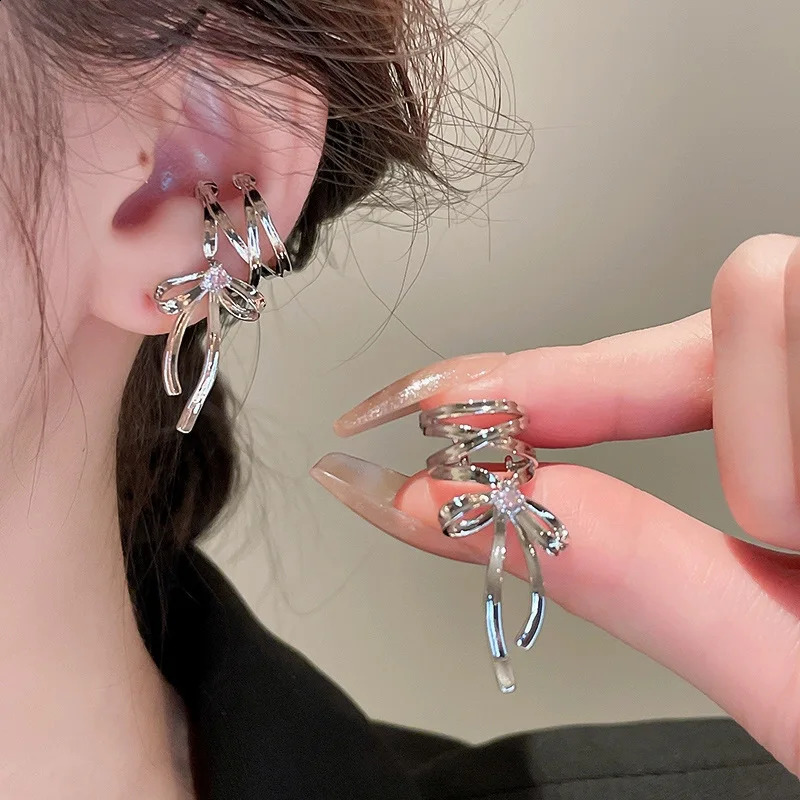 Girls Ribbon Aesthetics Ear Clips Ballet Style Bowknot Cuff Women Korean Fashion Kpop Earring Jewelry 250213