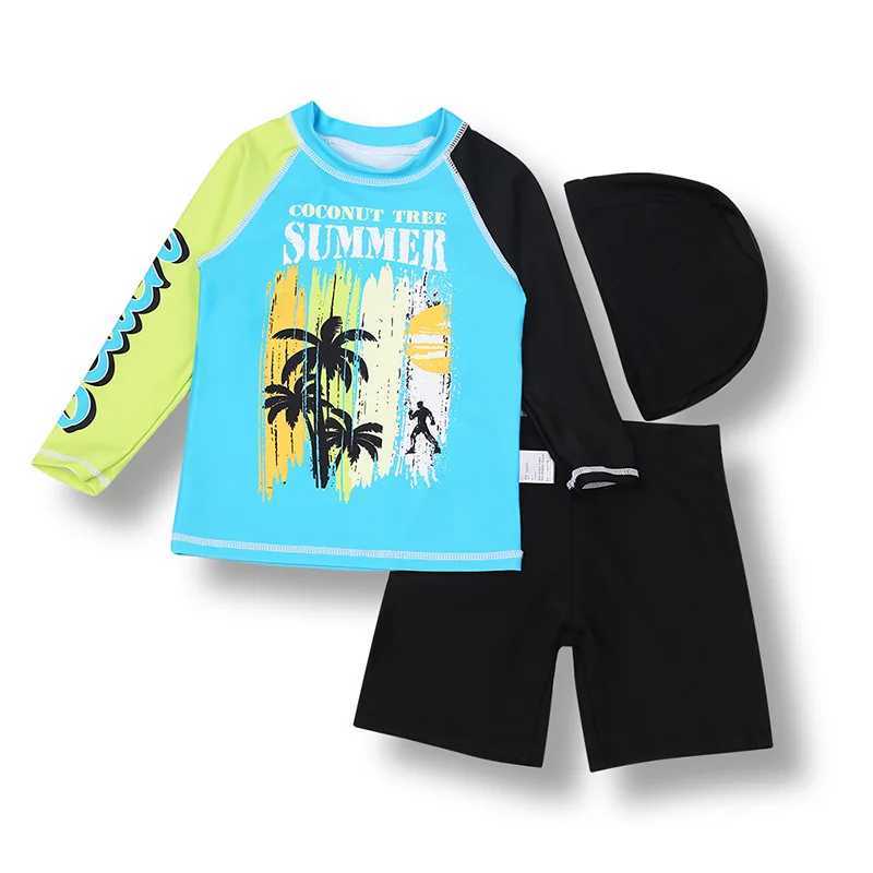 3 Pcs New Boys Swimsuit Sun Protection UPF 50+ Long Sleeve Swimming Sunsuit Hat Split Children Fluorescent Bathing SuitsXJ250214