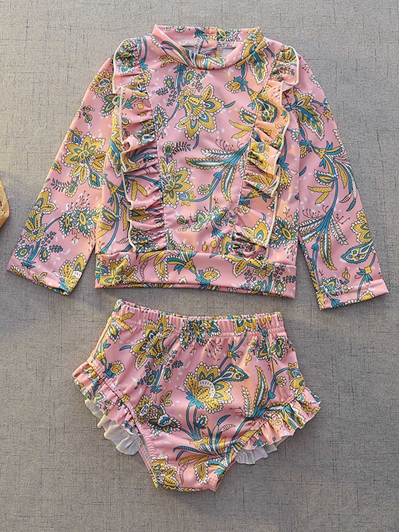 Baby Girl Two-piece Swimsuit Long Sleeve Quick-drying Children Swimwear Holiday Jacket Infant Girl Flower Swimming BikiniXJ250214