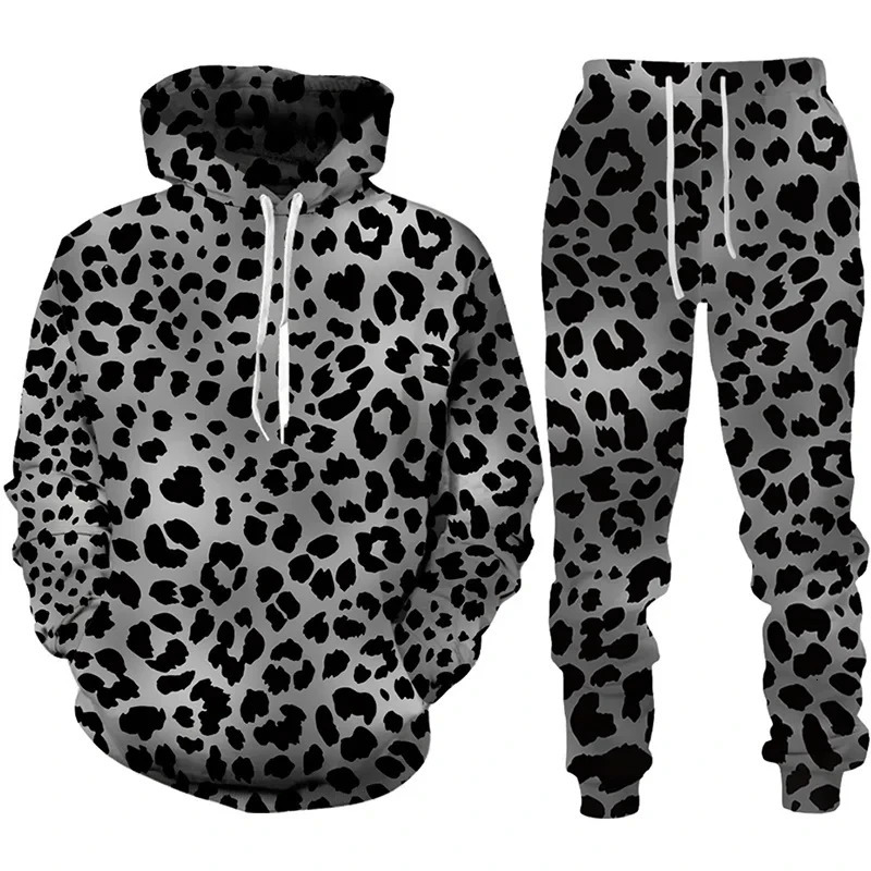3D Leopard Print Mens Hoodie Pants 2Pcs Outfits Casual Men Women Hooded Sweatshirt Sets Autumn/Winter Oversized Tracksuit Suits 250214