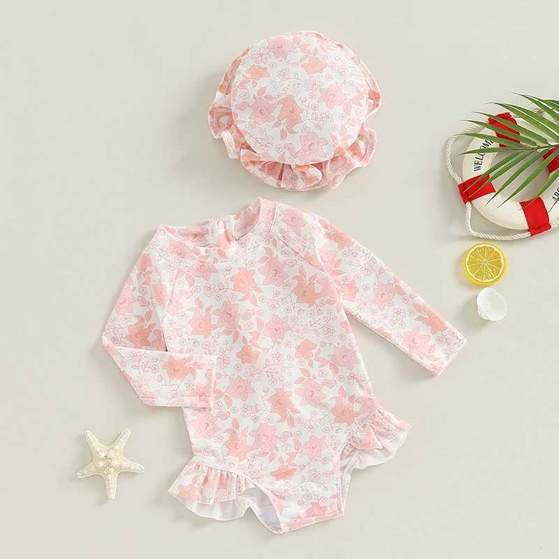 0-3Years Baby Girl Swimsuits Summer Floral Print Ruffled Swimwear and Swim Cap Set for Toddler Bathing Suits BeachwearXJ250214