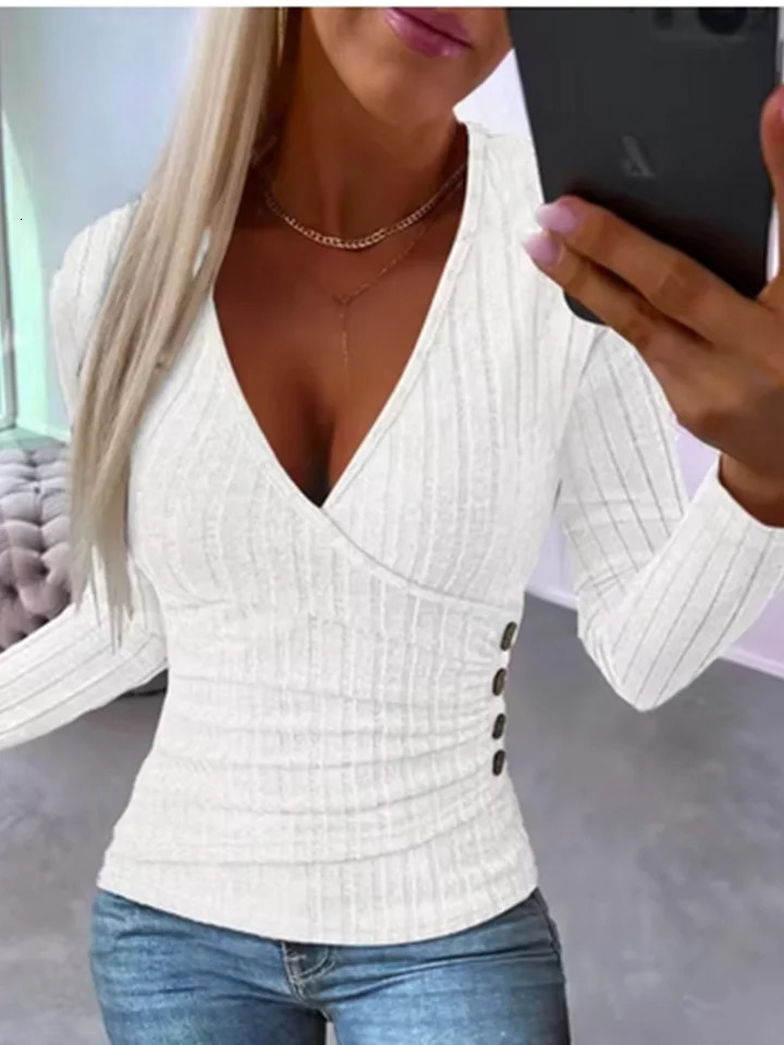 Spring Autumn Lady Button Knit Top Women Solid Color VNeck Long Sleeve TShirt Sexy Clothes 250211