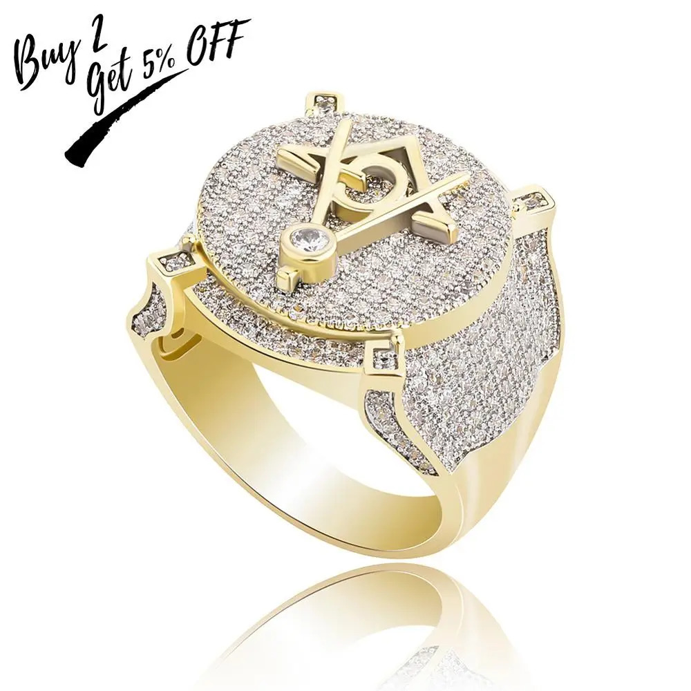 TOPGRILLZ Hip Hop Gold Color Plated Brass Iced Out Micro Pave Cubic Zircon Masonic Ring Charm For Men Gifts With 7 8 9 10 11 250214