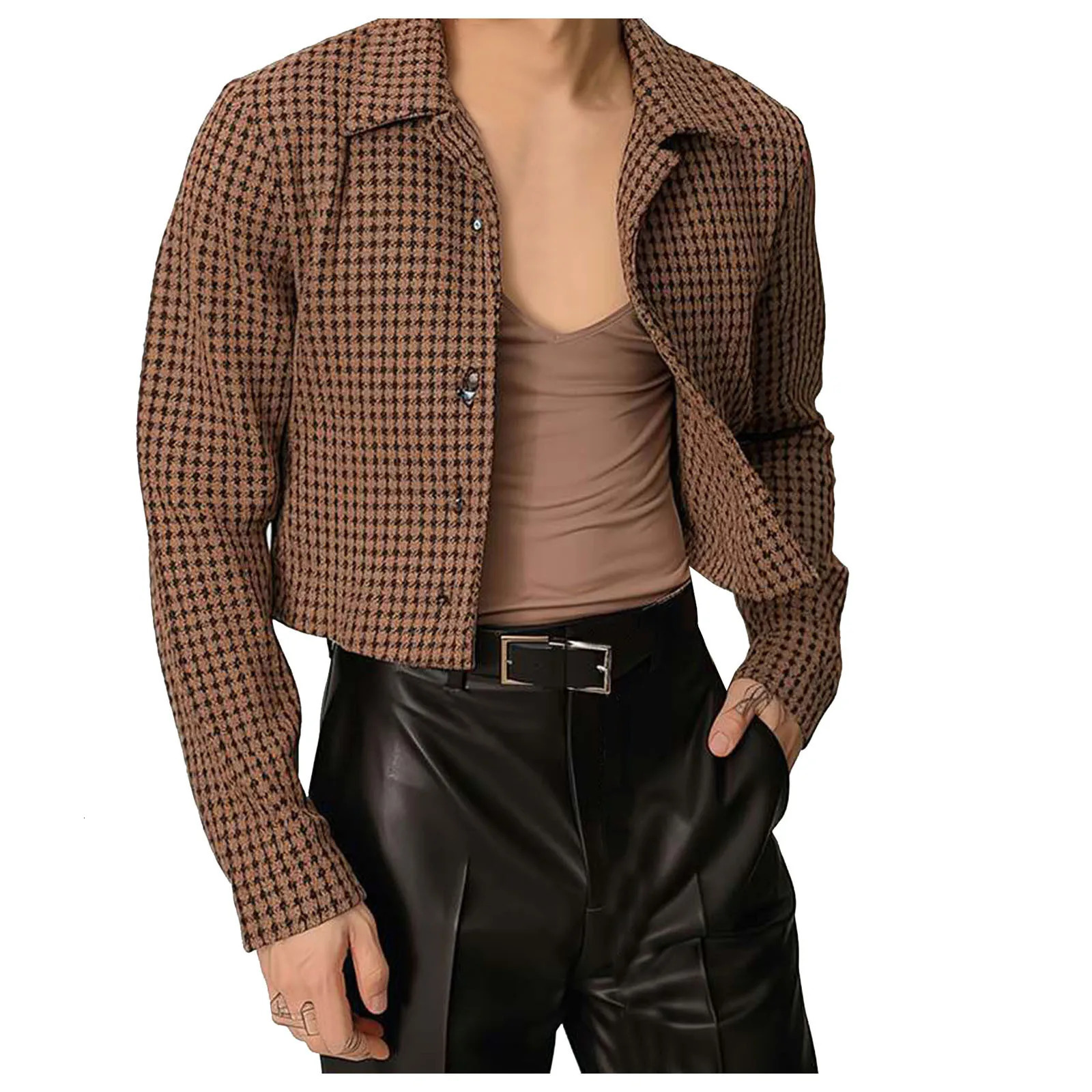 Mens French Fashion Short Jacket Collar Plain Coat Autumn Long Sleeve Cutting Top Button 250212