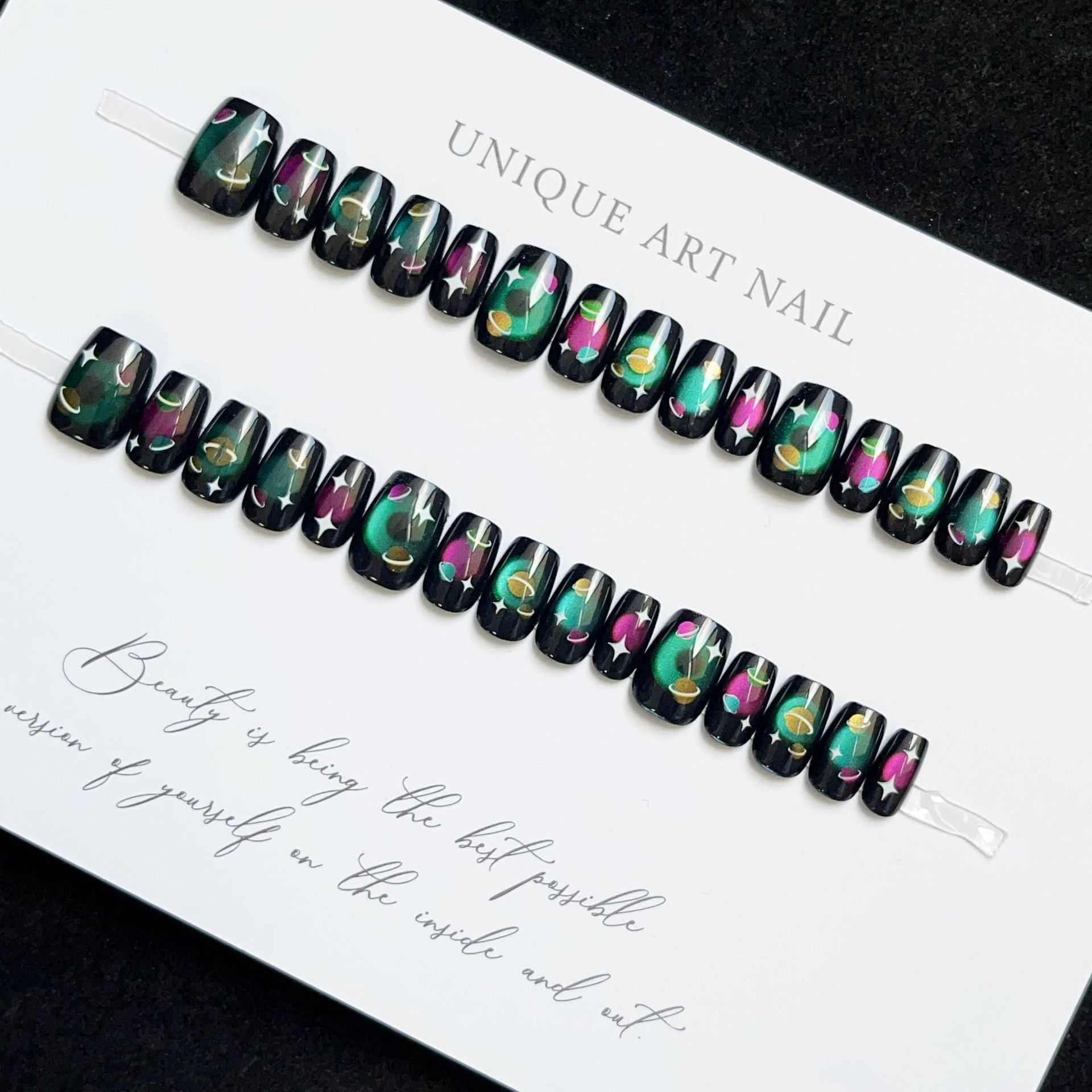 False Nails Kaixin Wearing Armor Happy Planet Dark Starry Sky Sparkling Cat Eye Handmade Detachable Nail Art H25215
