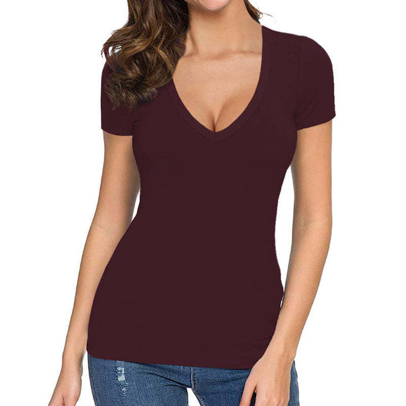 Designer Free Shipping Fashion Casual Versatile 2025 Spring/summer V-neck Sexy Solid Color Basic Slim Fit T-shirt