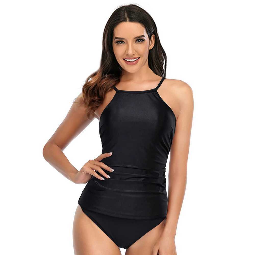 3 Colors Women Conservatively Cover Belly Tankini Set Padded Top With Adjustable Shoulder Straps Elastic Slim Knitted BeachwearW250214
