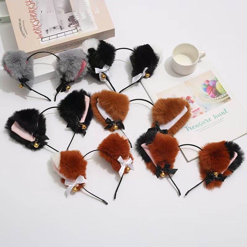 Cute Furry Cat Ear Hair Band with Bow and Tails for Photography