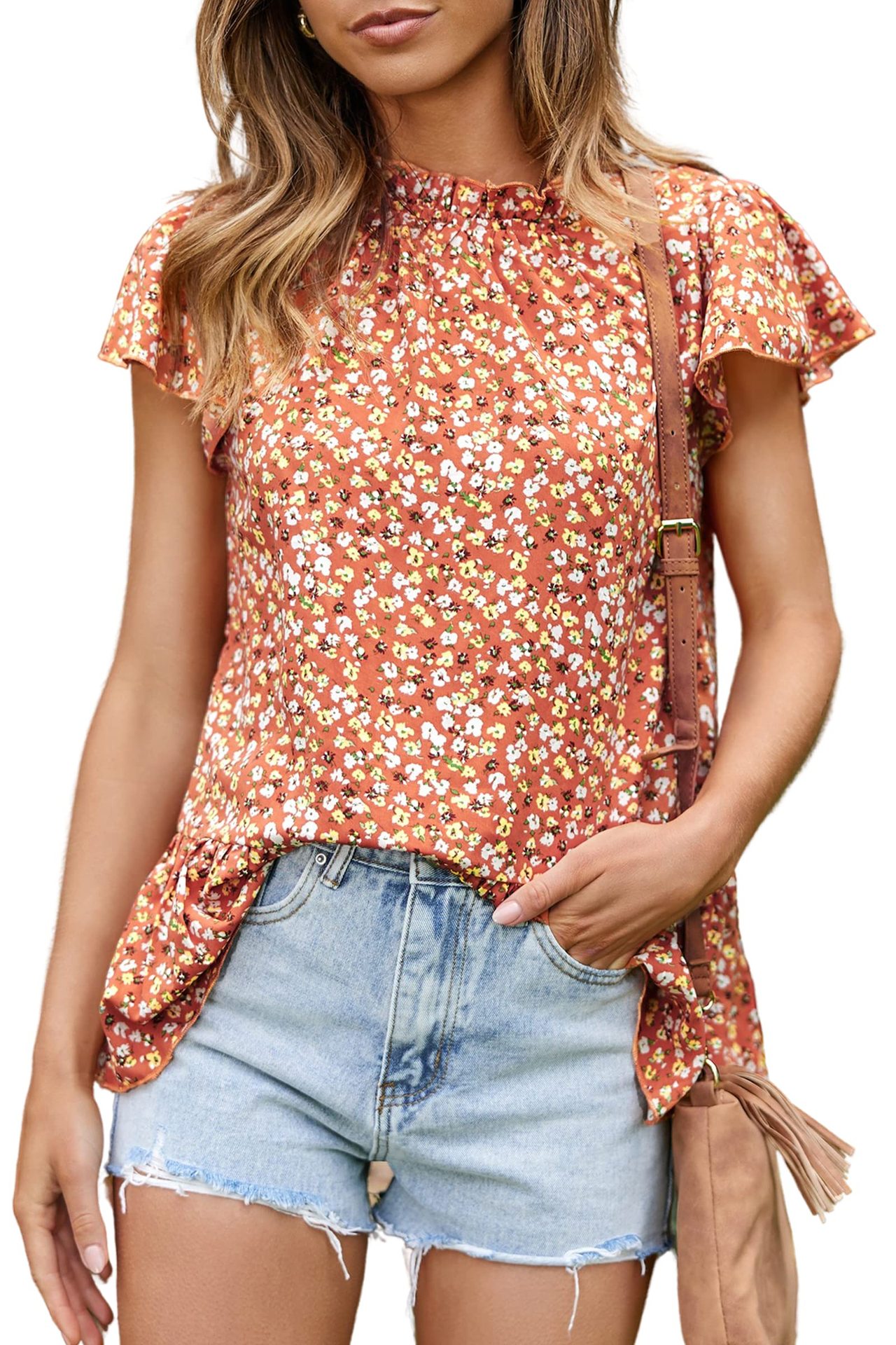 2025 summer new round neck pullover small floral top with lotus leaf sleeves women's T-shirt