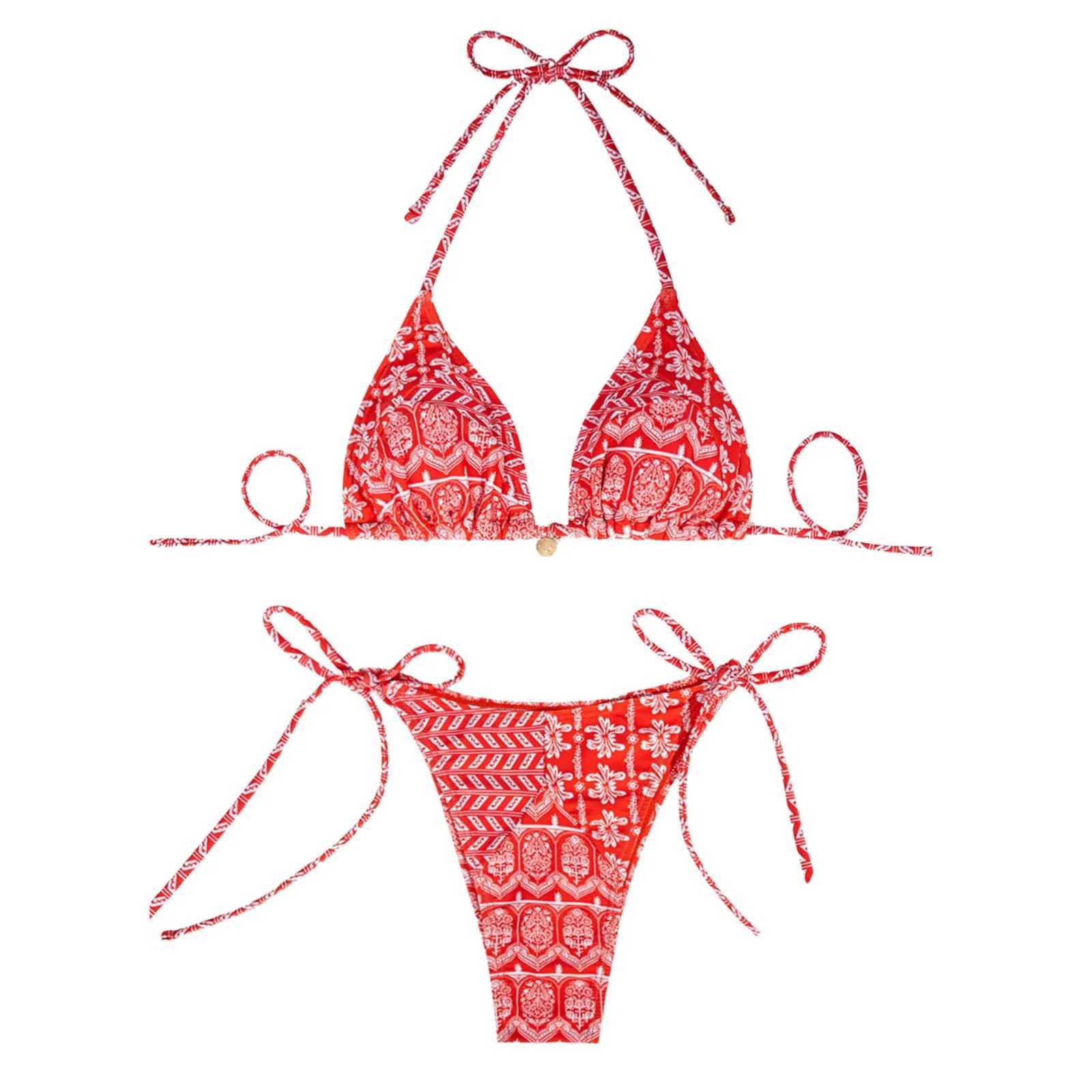 Womens Bikini Sets Two Piece Swimsuits Floral Print Sexy Triangle Bikinis Bohemian Style Halter Neck Strap Swimsuit Bathing SetT250214