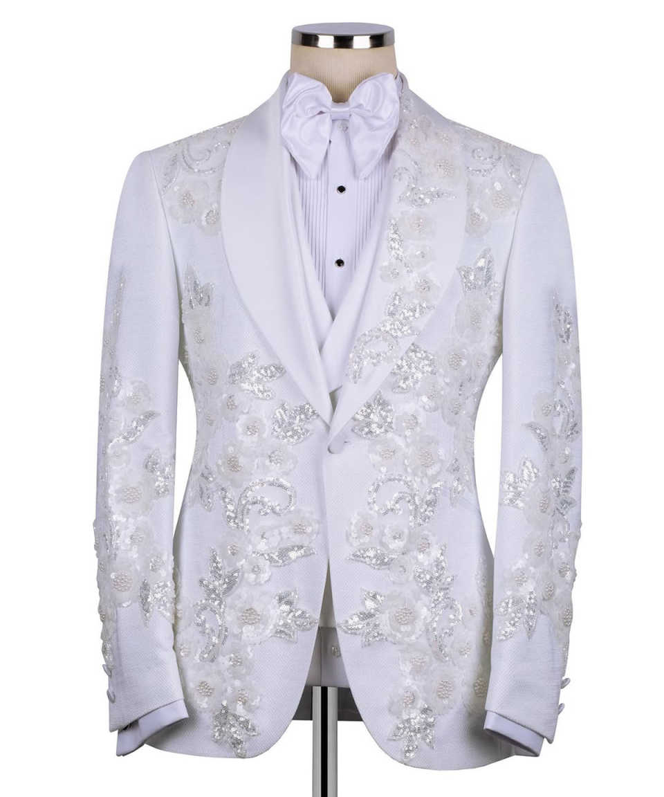 Sparkly Wedding Tuxedos Appliques Sequins Men Suits Shawl Lapel 3 Piece Set Jacket Vest Pant Business Formal Blazers Customized