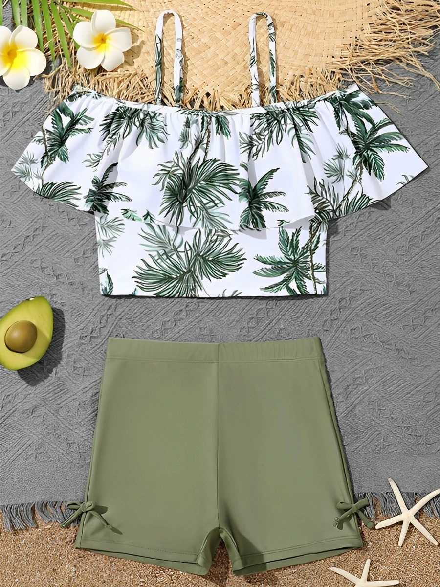 2024 Girls Swimsuit Print Two Piece High Waist Kids Swimwear Female Childrens Bathers Bathing Swimming Swim Suit BeachwearXJ250214