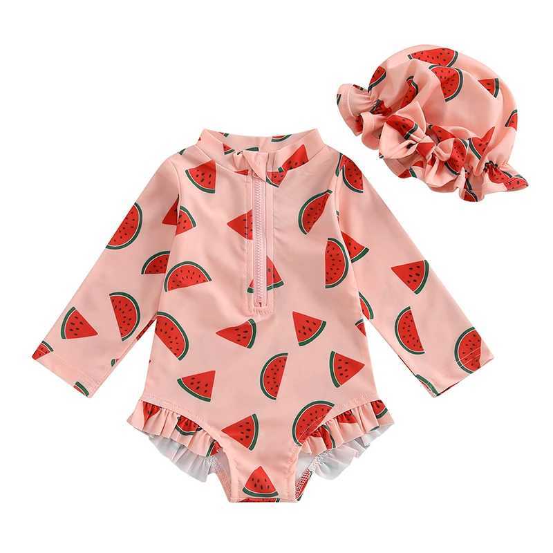 1-5T Toddler Girl Rash Guard Swimsuit Lemon/Watermelon Print Long Sleeve Mock Neck Zipper Bathing Suit with Hat SetXJ250214