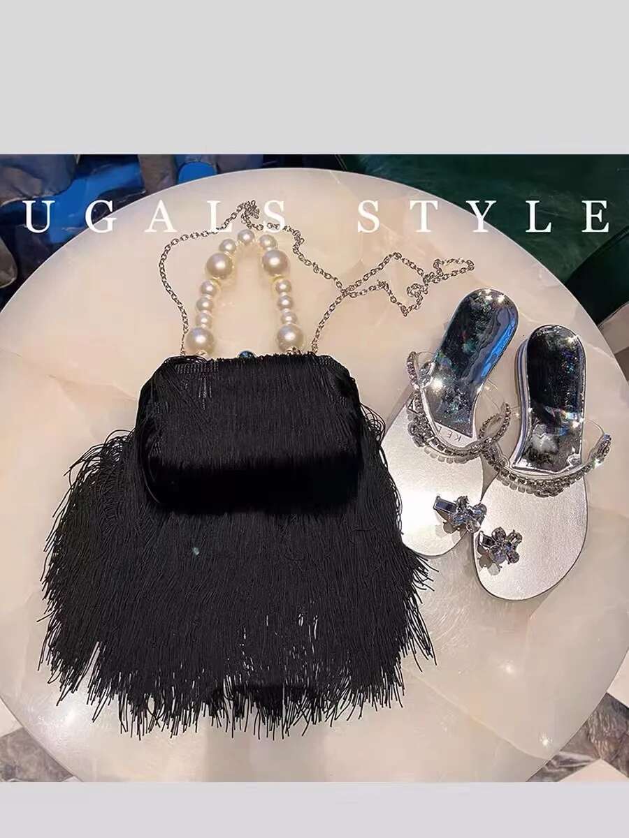 Fashion Long Tassel Women's Handbag Pearl Beading Handheld Evening Wedding Party Clutch Purse Shoulder Crossbody Bag Armpit