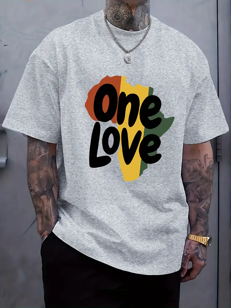 One Love Print Short Sleeve Tee One Love Letter Print Men's Short Sleeve T-Shirts, Comfy Casual Elastic Crew Neck Tops For Men's Outdoor Act