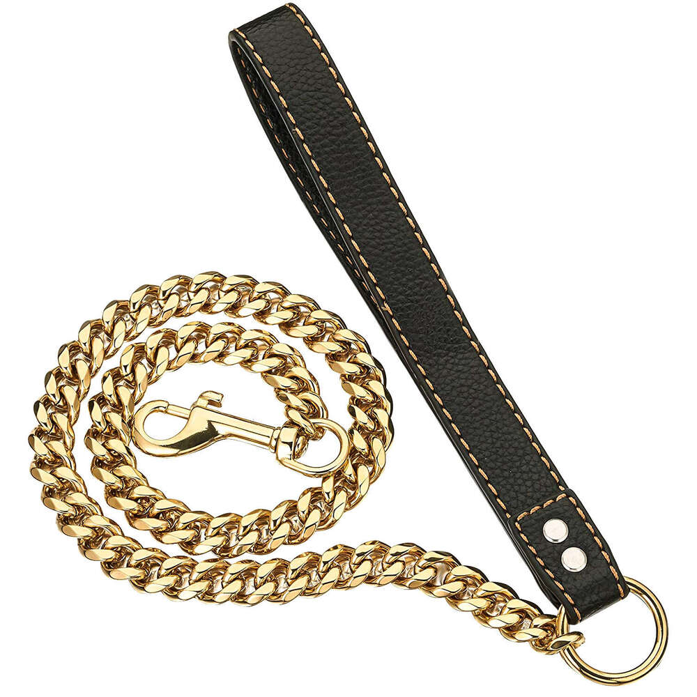 15mm stainless steel dog chain in steel/gold color, comfortable for non gripping dogs and pet supplies, black leather single six traction rope