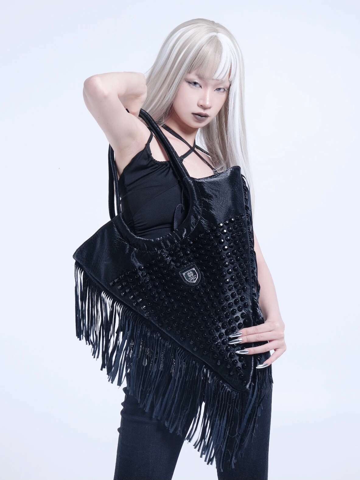 Eur And USA Street Fashion Punk Style Personality Rivet Tassel Design Big Size Triangle Shoulder Female Crossbody Bag