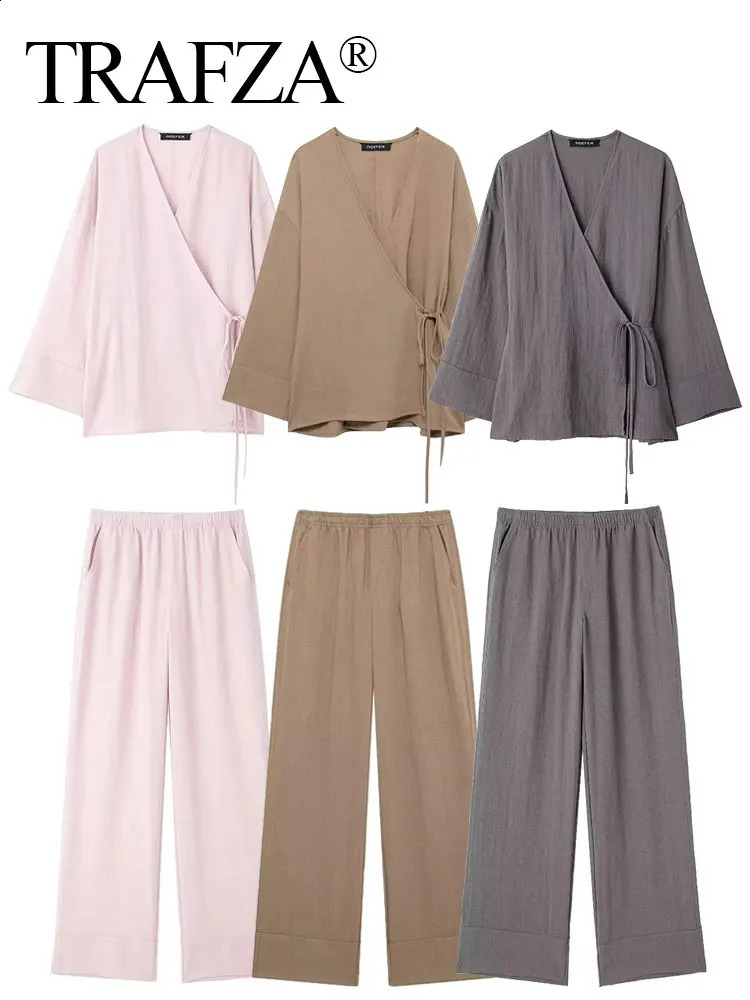 TRAFZA Women Vintage Solid Pajama Style Blouse Pants Sets V Neck Long Sleeve Lace Up Shirt Elastic Waist Trousers Loose Outfit 250213