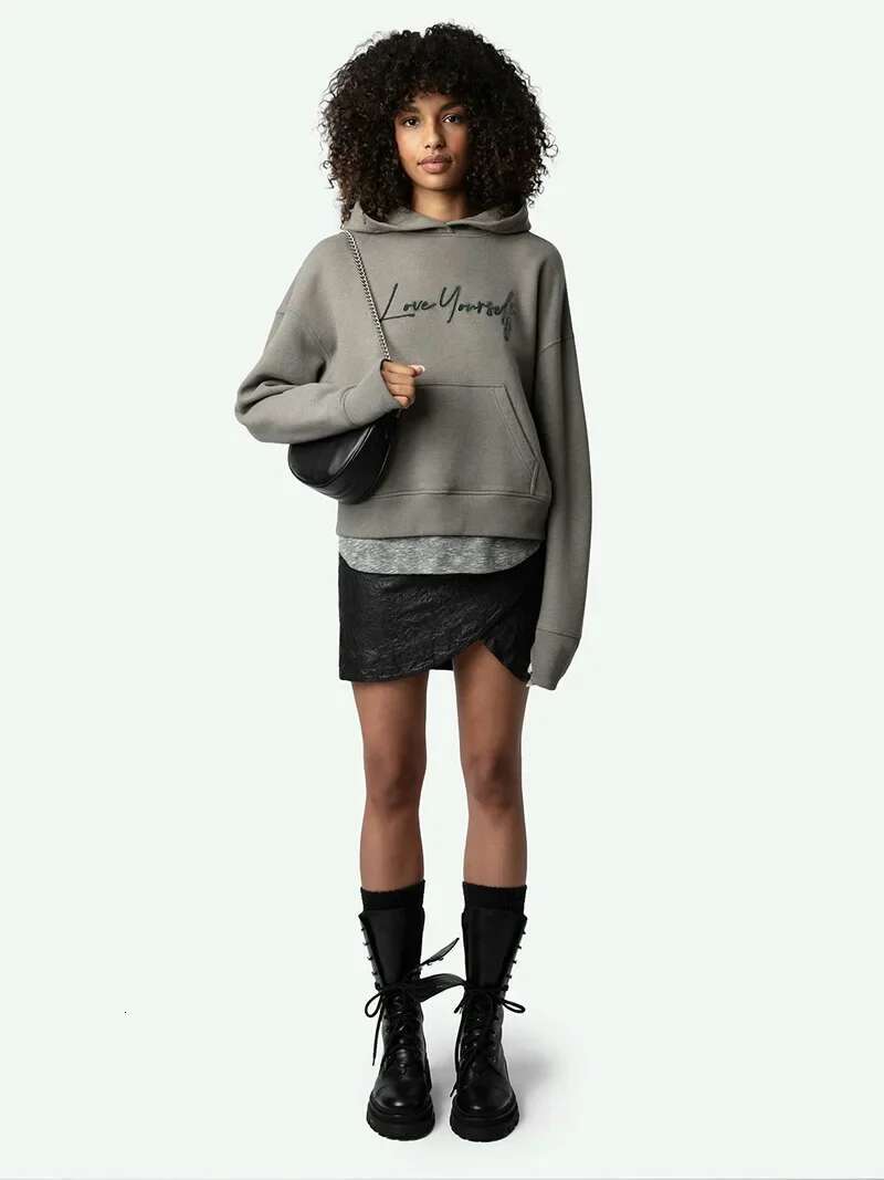 100% cotton gray Hoodie women Embroidered letter long sleeve pockets hooded sweatshirt female 2024 Fall Collection