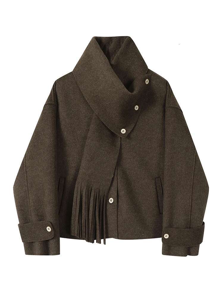 Black Gray Big Size Casual Woolen Coat New Scarf V-Neck Long Sleeve Women Jacket Fashion Tide Autumn Winter 2025 30A2749