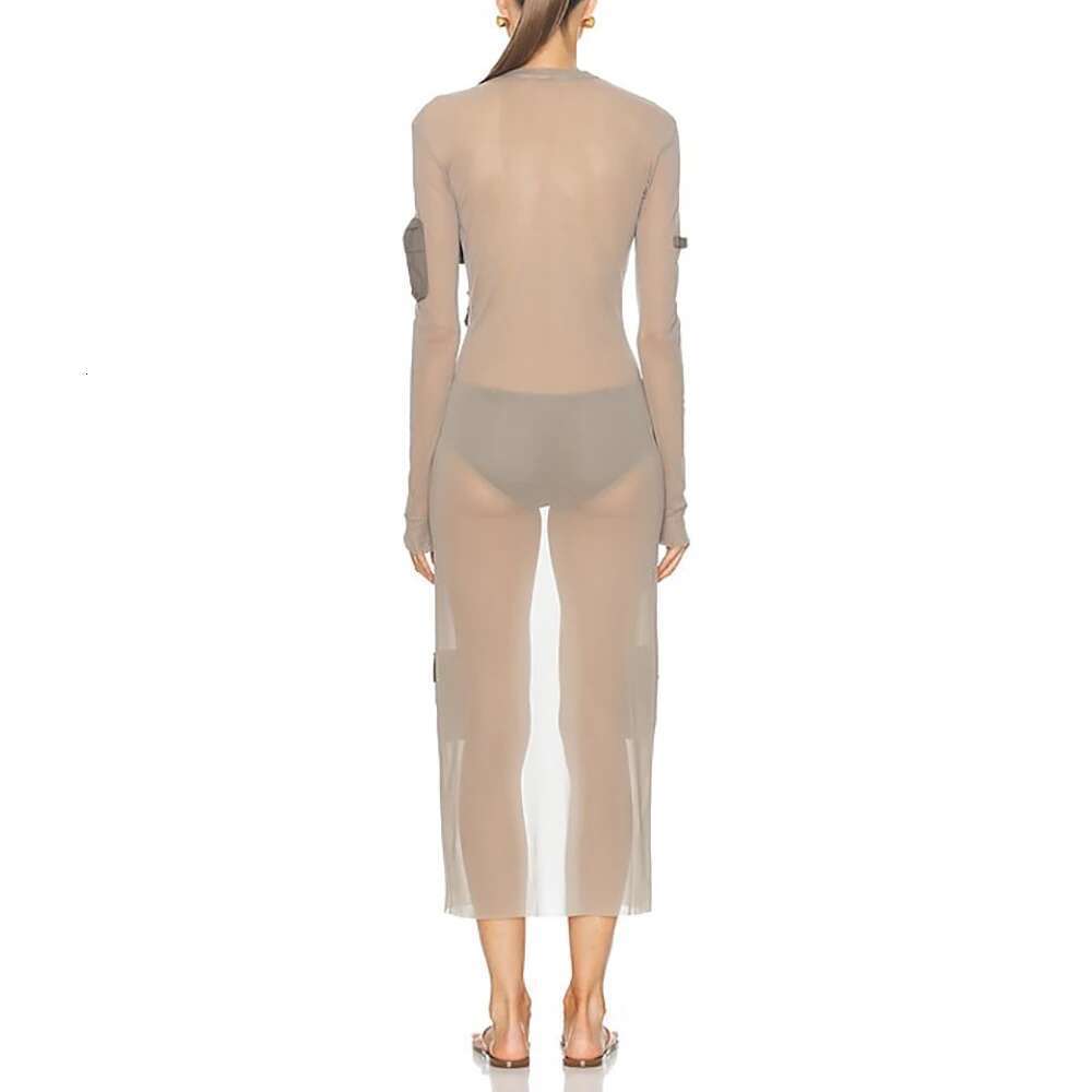 Pocket Decoration Cotton Women's Y2k See-Through Mesh Elegant Commuter Single Breasted Long Cardigan Dress 2024 Fall New