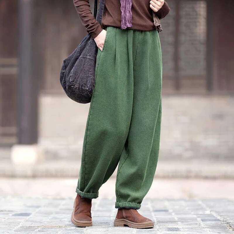 Vintage Warm Bloomers Solid Color En Winter Elastic Waist Trouser 2024 New Plus Fleece Women Long Pants