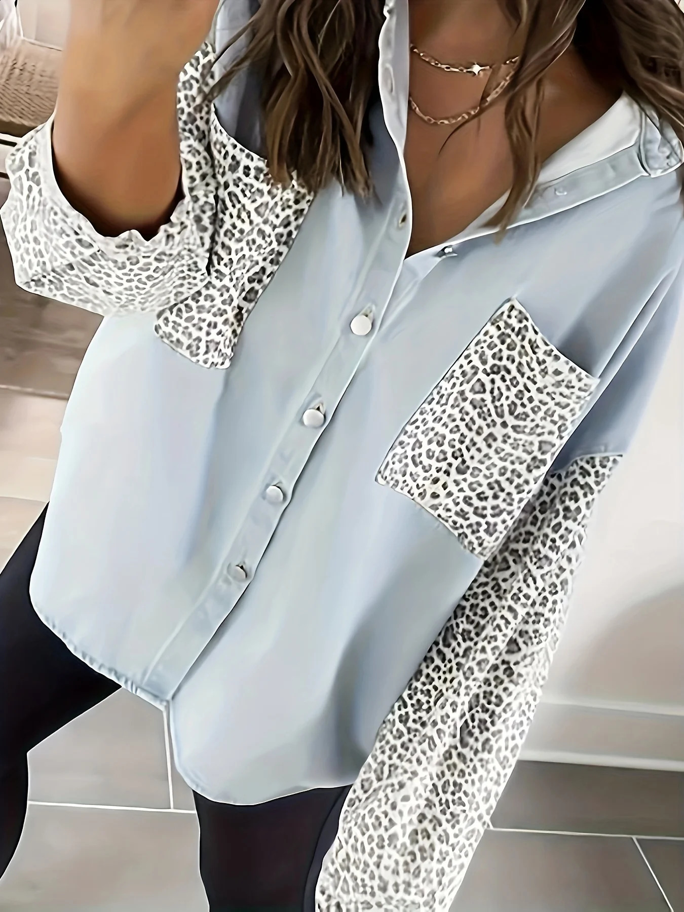 Plus size European and American shirt jacket long sleeved pocket leopard print lapel cardigan top 250210