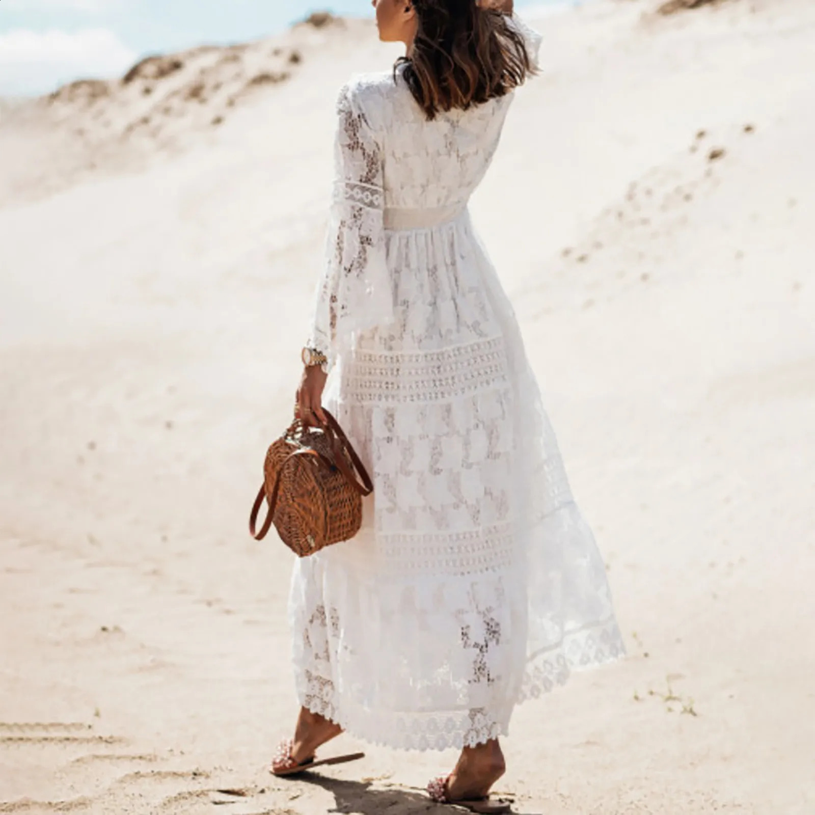 Summer Boho Long Dresses Women V Neck Flare Sleeve Crochet Lace Holiday Dress Lady Beach Sundress Dress Womens Dresses 250213