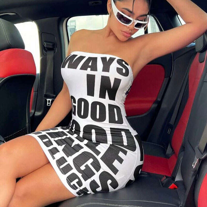 European and American style letter printed one shoulder strapless sexy spicy women's wear ur slim fit dress 2025 temperament versatile new trend 