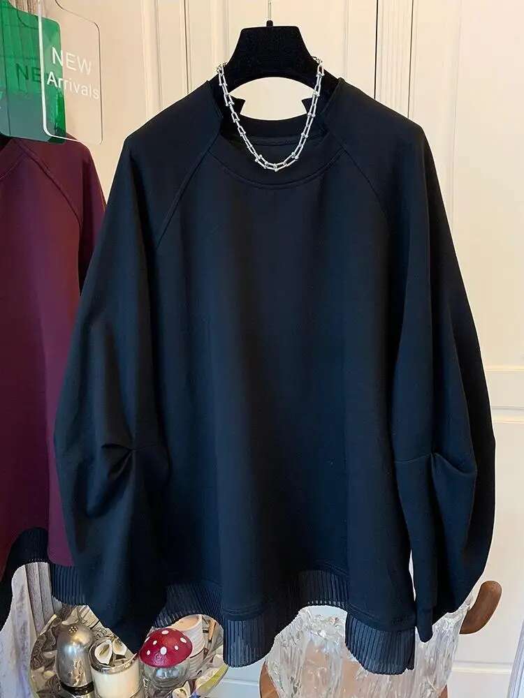 Autumn Winter Women Pullover Hoodies Fake Two-Piece Long Sleeve Patchwork Design Loose Solid Color Casual Tops Lady Clothes