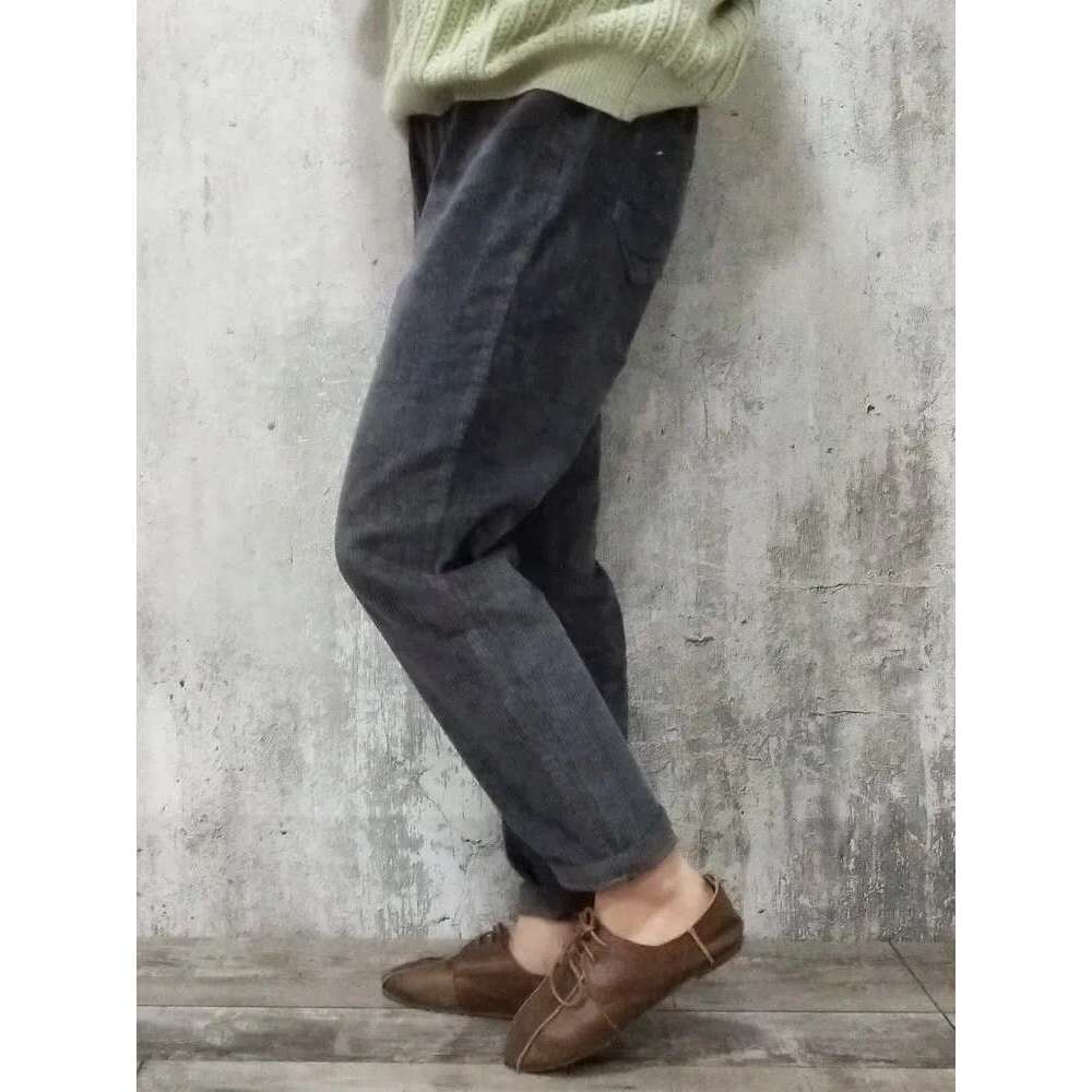 Corduroy For Elastic Waist Solid Color Trouser 2025 Spring New Women Cloths Pockets Casual Pants