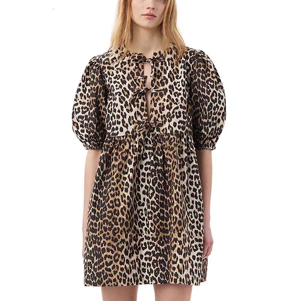 Cotton Women's Y2k Front Tie Leopard Print Fashion Temperament Commuter Bubble Sleeve Dress 2025 Early Fall New