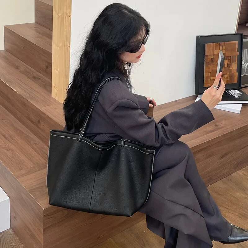 Women's Autumn/Winter Large Capacity Genuine Single Shoulder Tote Bag New Style High-End Feel Top Layer Cow Leather