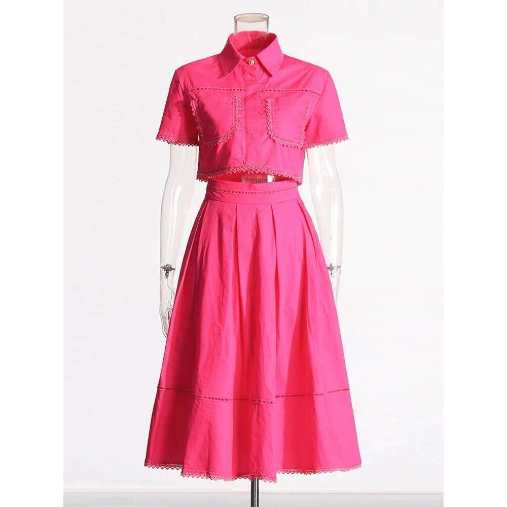Casual Two Piece Set For Women Lapel Short Sleeve Top High Waist A E Skirt Minimalist Sets Female Fashion New