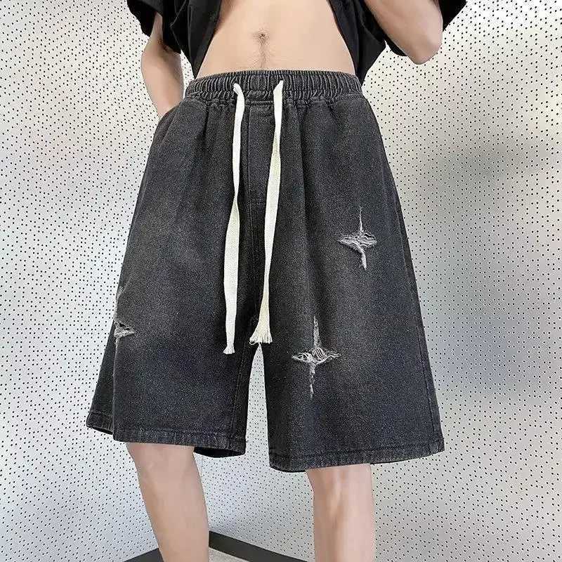 2023 Trendy Denim Shorts Mens Summer Style Star Pattern Holeed Jeans American Vintage Blue Pine Needle PrintedT250215