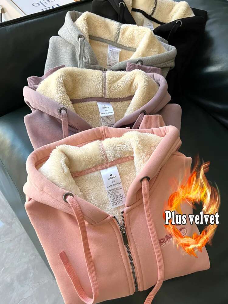 Hooded Sweater for Women 2024 Autumn and Winter New Fleece-ed Thick Loose Versatile Casual Zipper Cardigan Outerwear